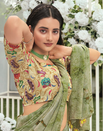 Light Green Printed Georgette Saree | Leemboodi