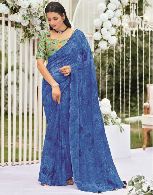 Blue Printed Georgette Saree | Leemboodi
