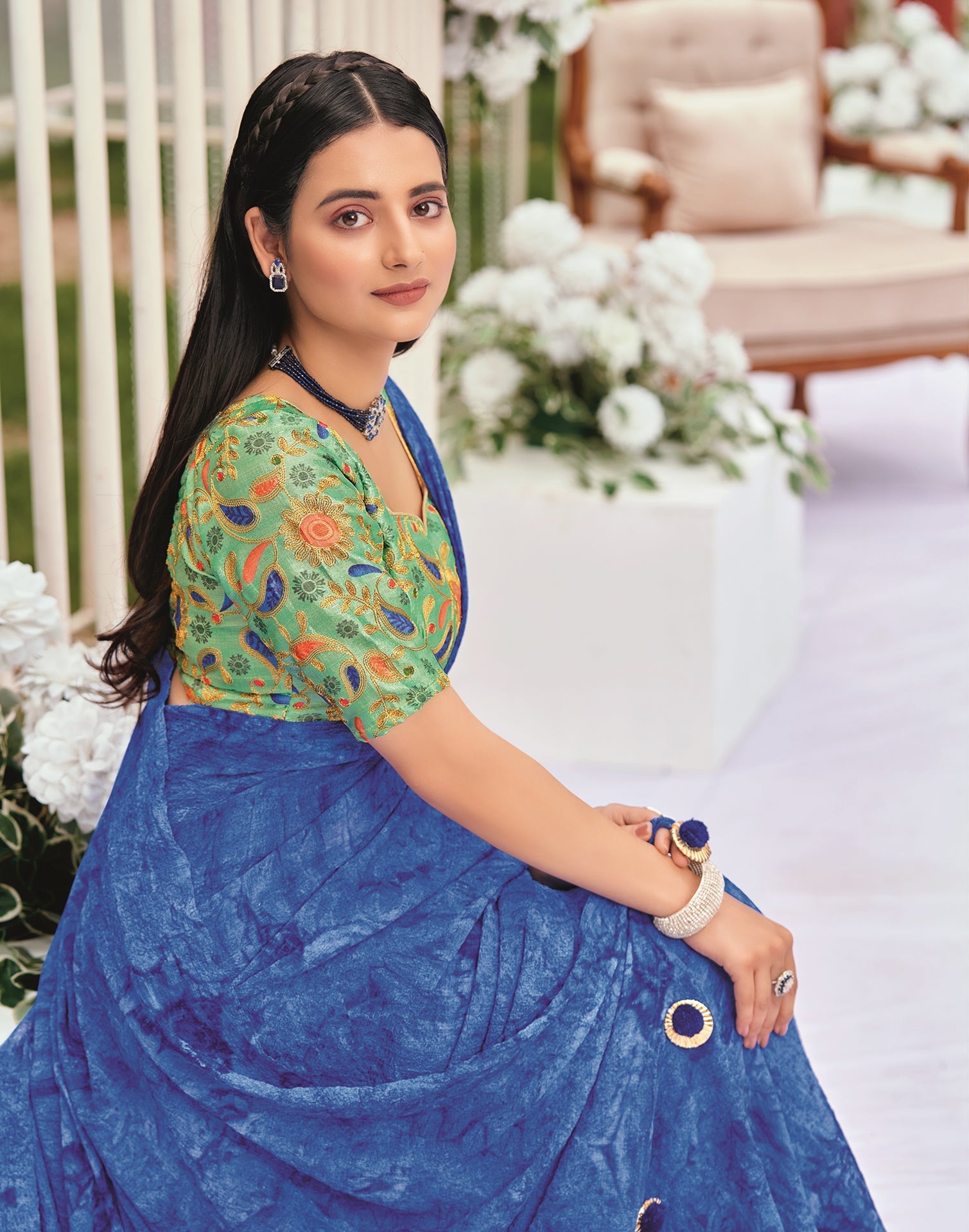 Blue Printed Georgette Saree | Leemboodi