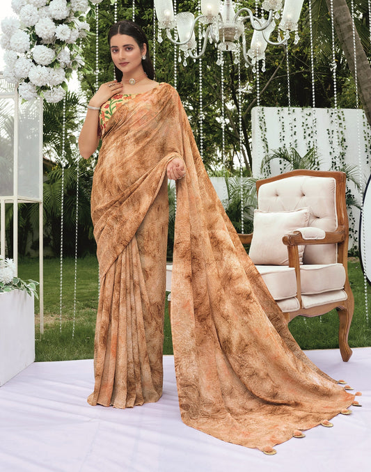 Light Brown Peach Printed Georgette Saree | Leemboodi