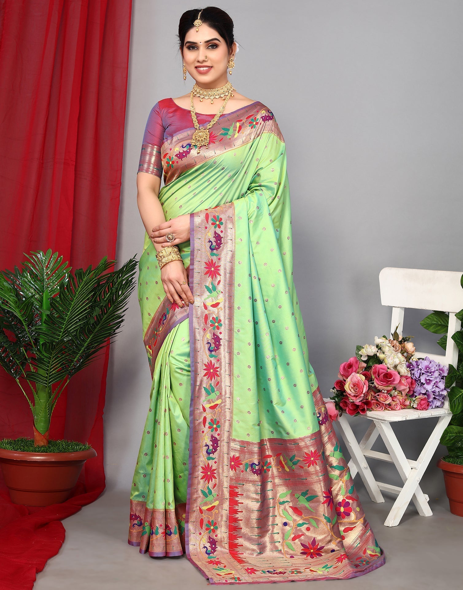 Parrot Green Paithani Silk Saree | Leemboodi