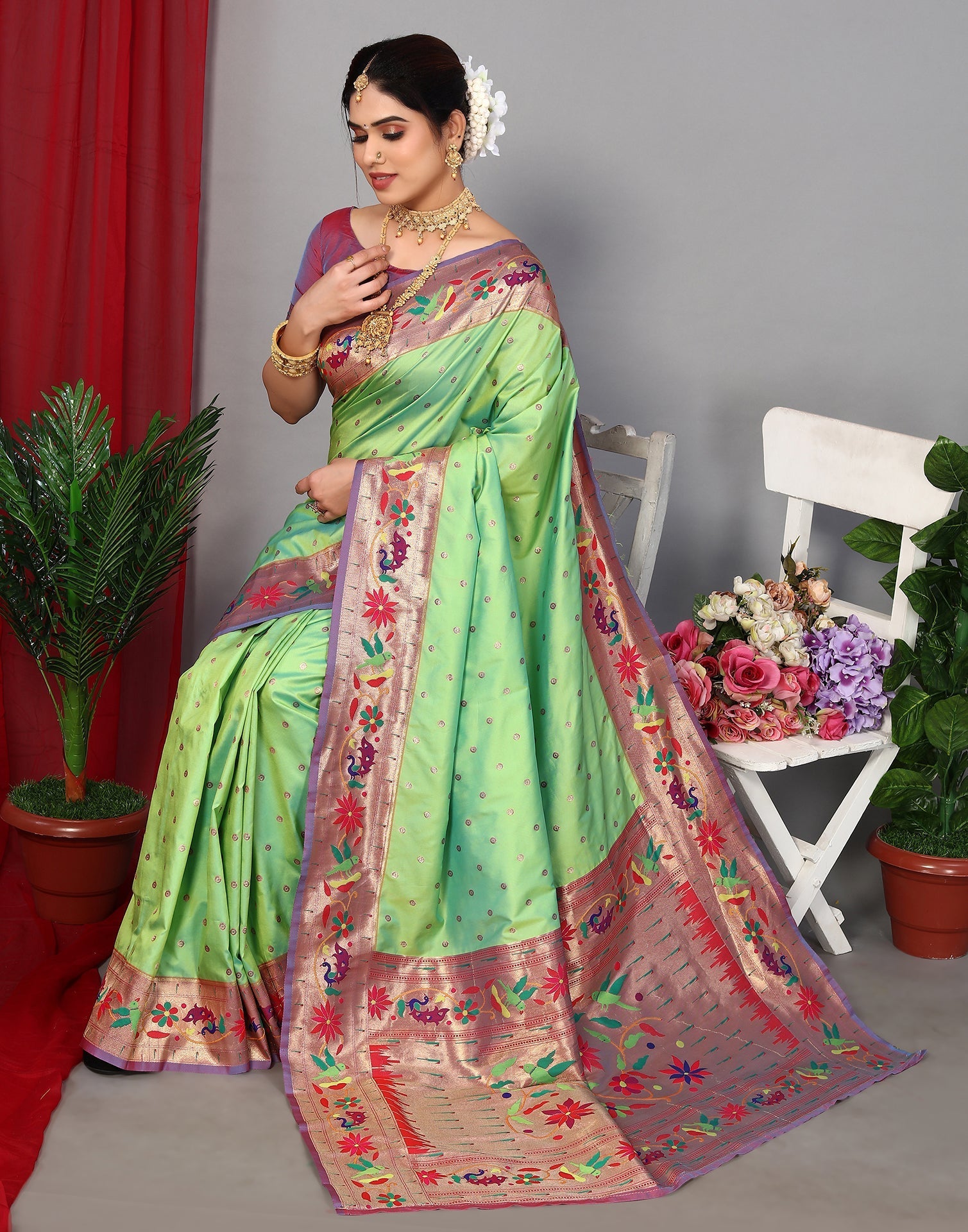 Parrot Green Paithani Silk Saree | Leemboodi