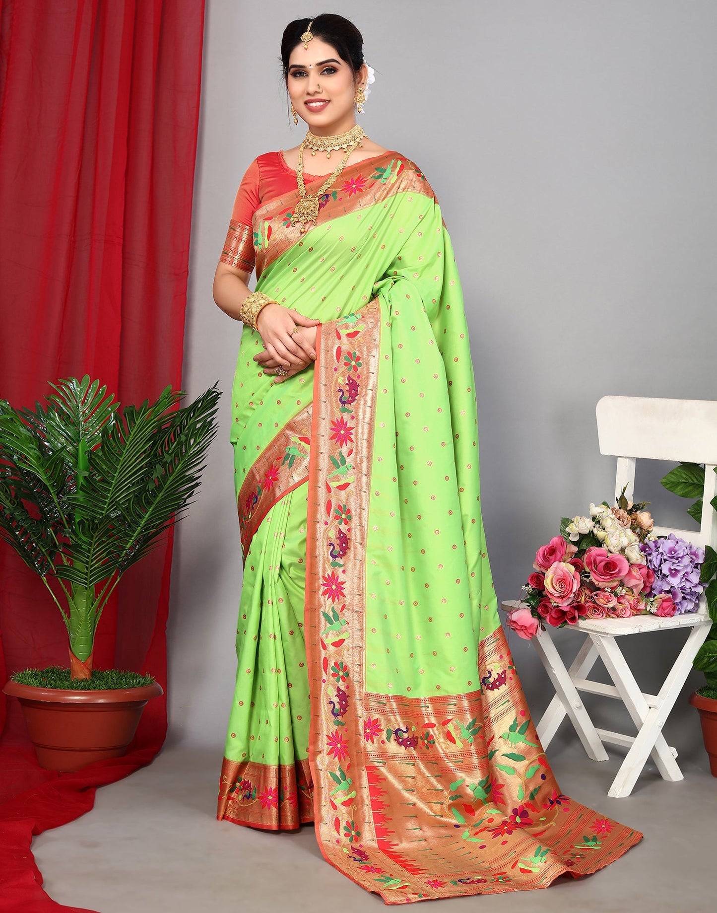 Parrot Green Paithani Silk Saree | Leemboodi