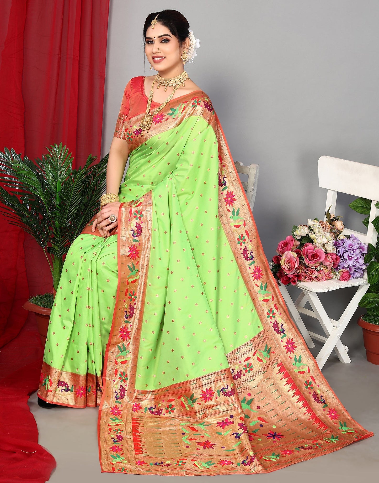 Parrot Green Paithani Silk Saree | Leemboodi