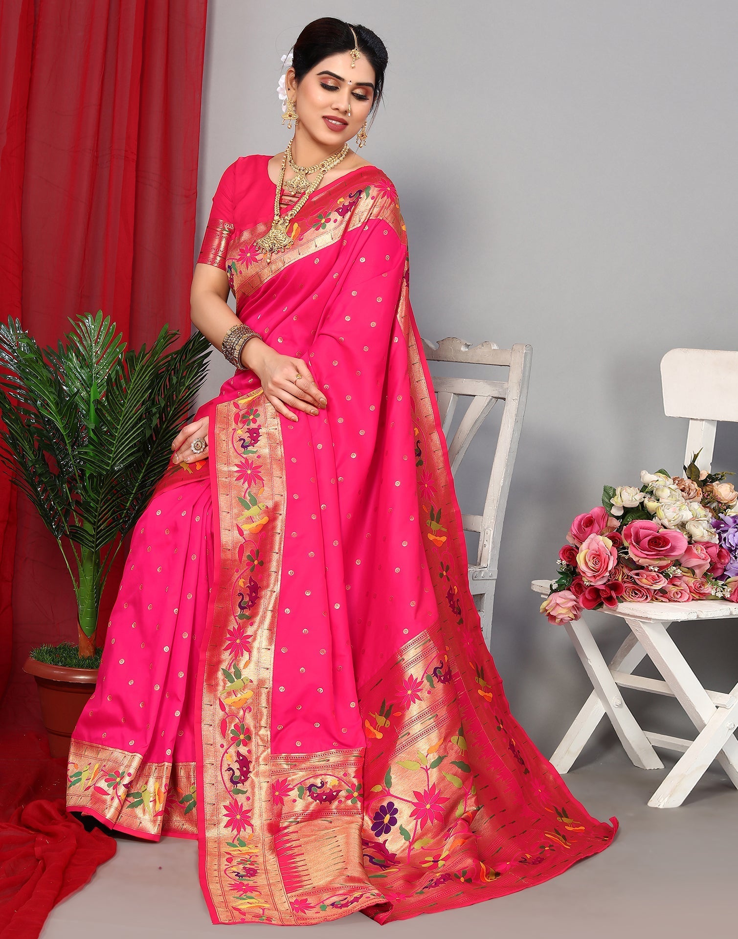 Rani Pink Paithani Silk Saree | Leemboodi