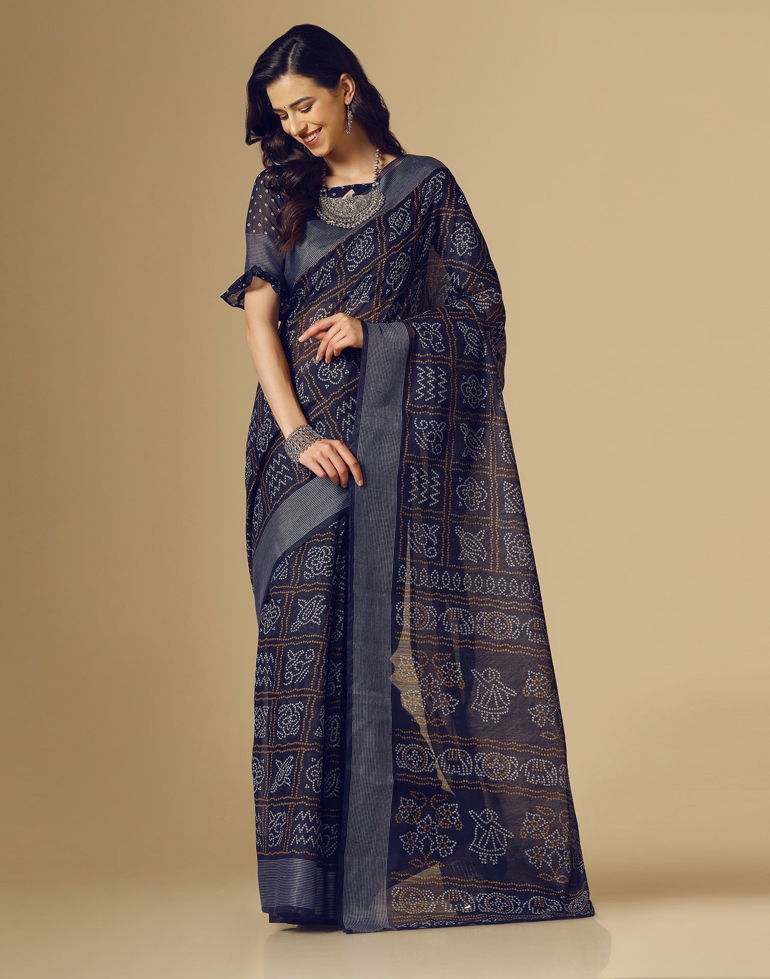 Navy Blue Bandhani Cotton Saree | Sudathi