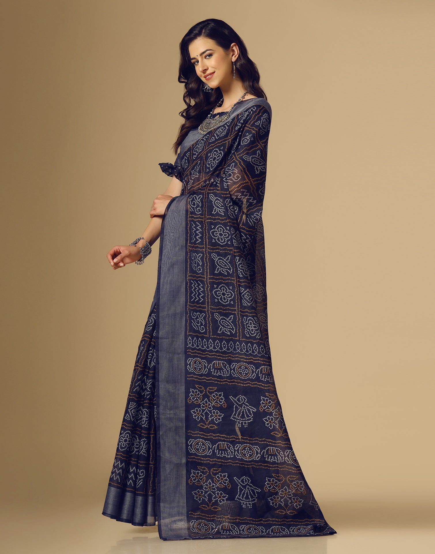 Navy Blue Bandhani Cotton Saree | Sudathi