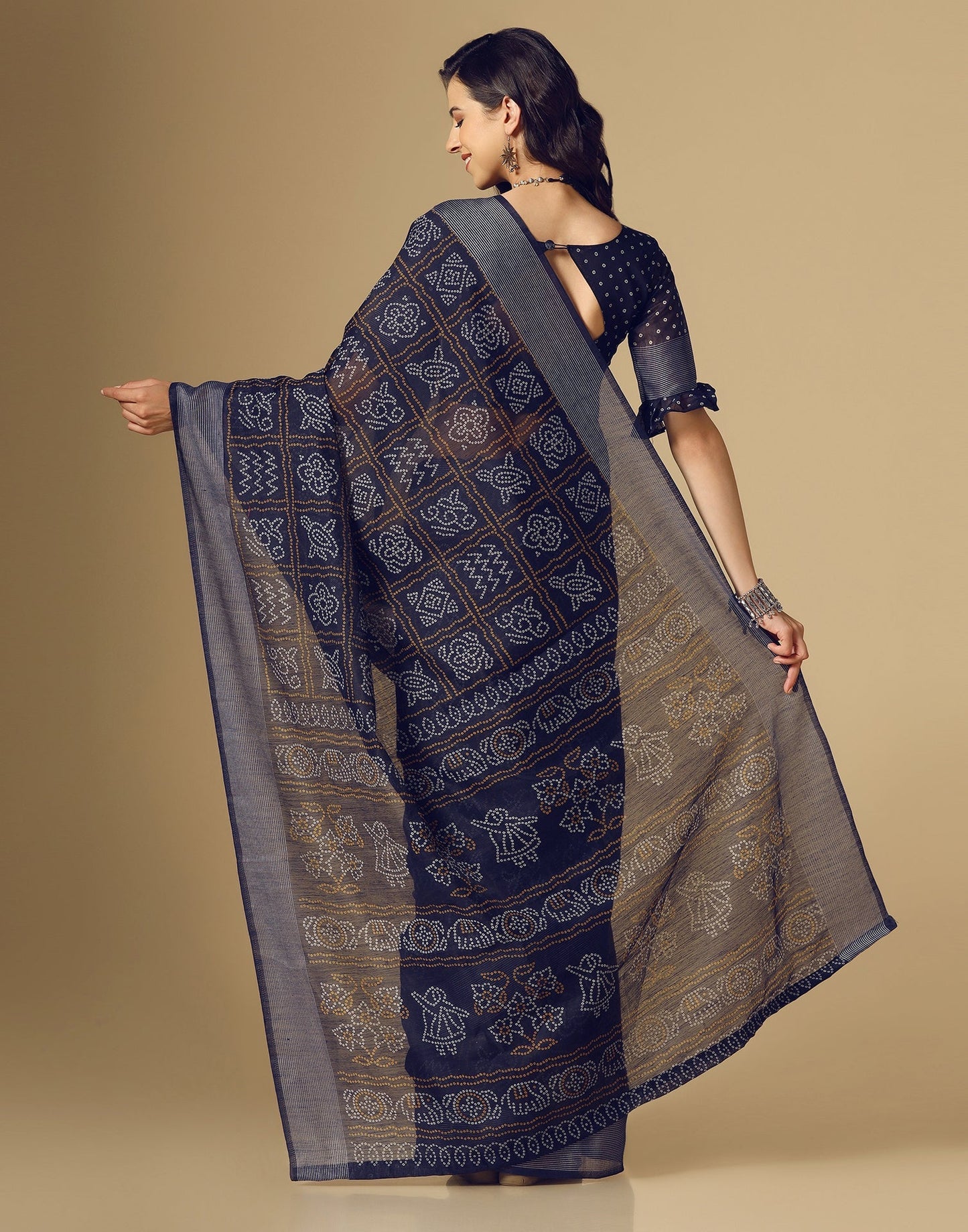 Navy Blue Bandhani Cotton Saree | Sudathi