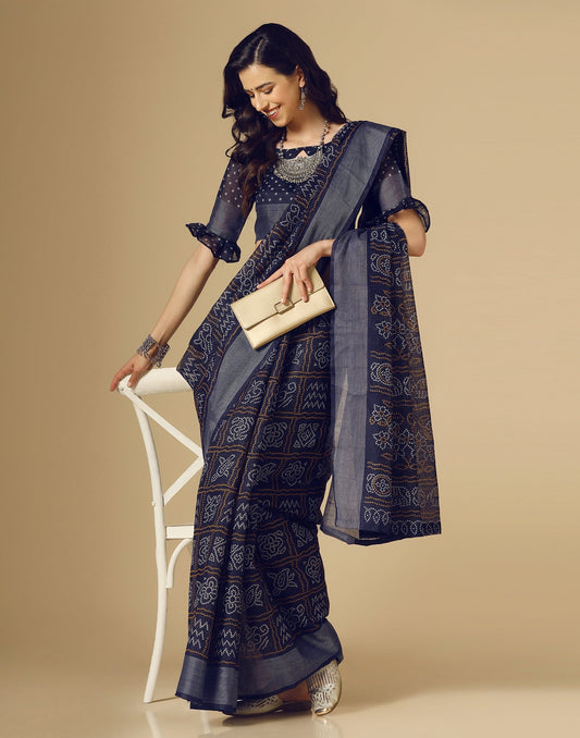 Navy Blue Bandhani Cotton Saree | Sudathi