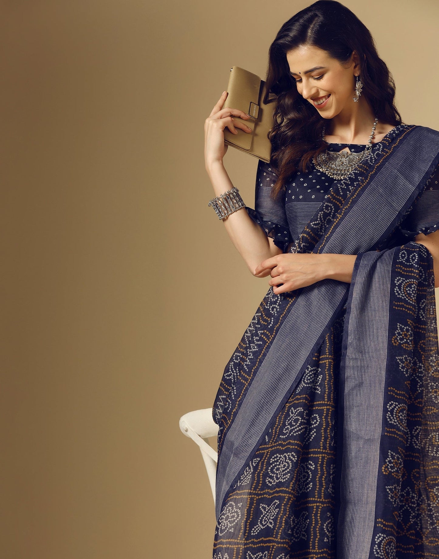Navy Blue Bandhani Cotton Saree | Sudathi