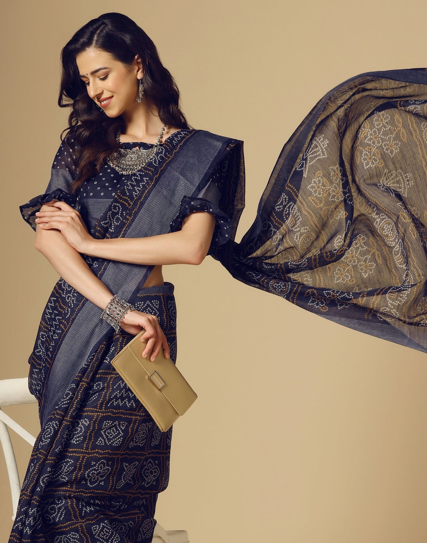 Navy Blue Bandhani Cotton Saree | Sudathi