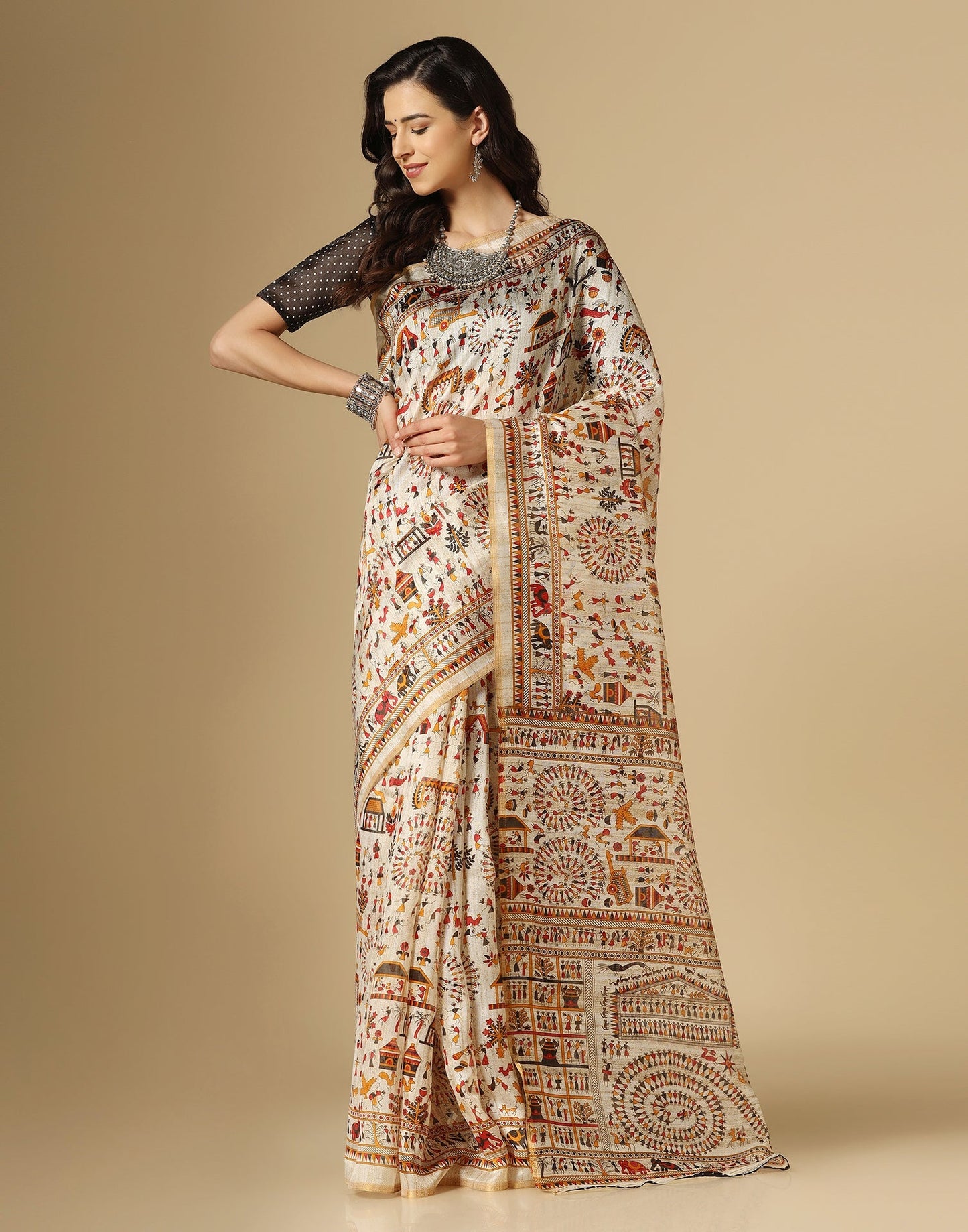 Cream Printed Silk Saree | Leemboodi