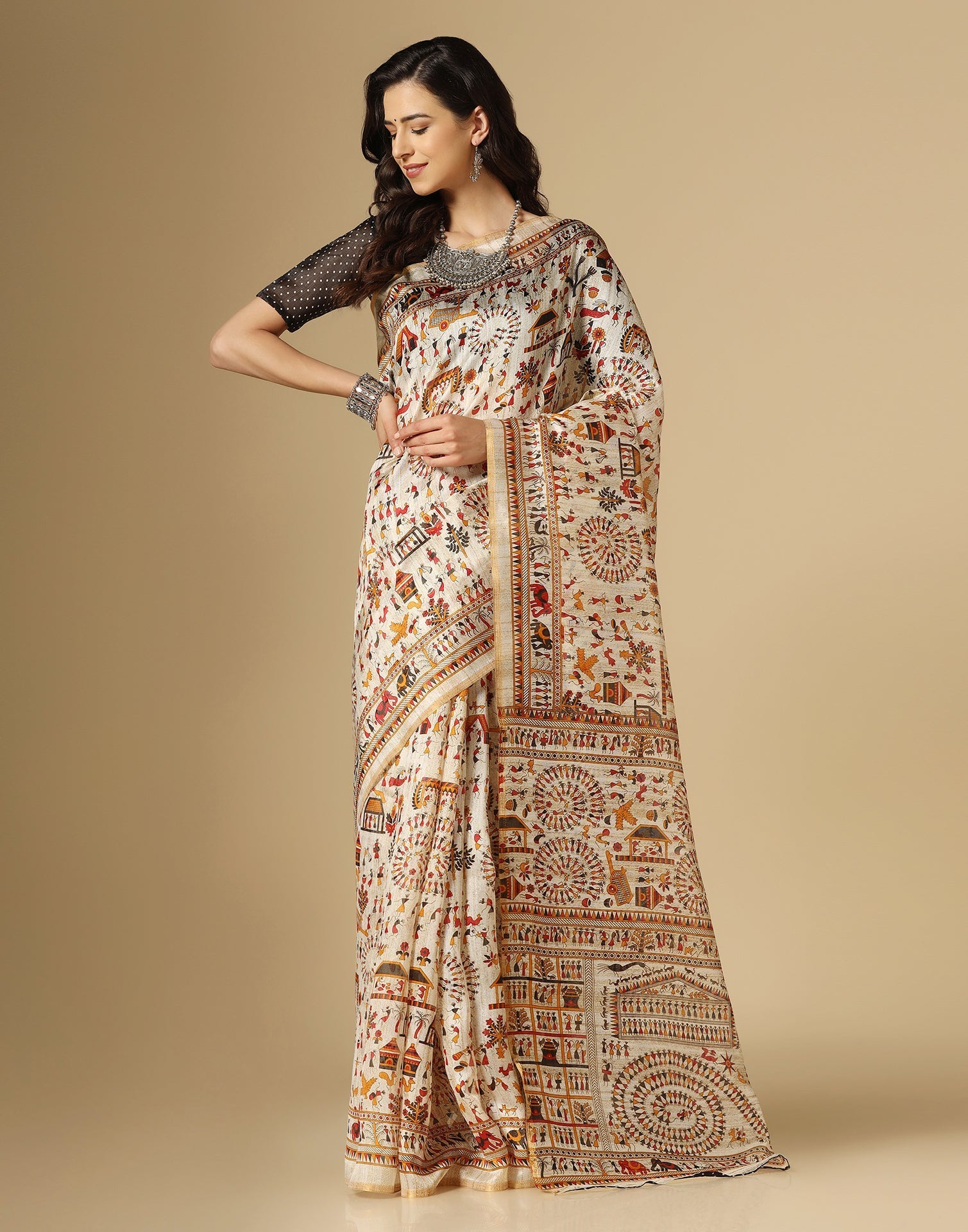 Cream Printed Silk Saree | Leemboodi