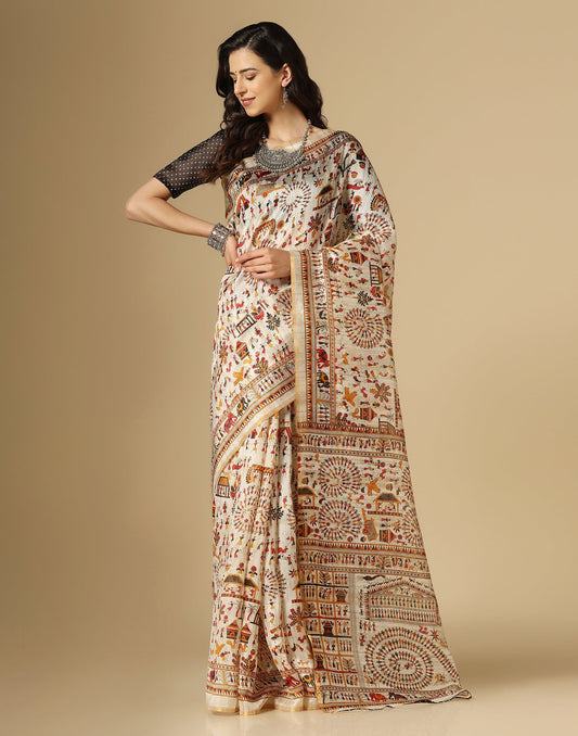 Cream Printed Silk Saree | Leemboodi