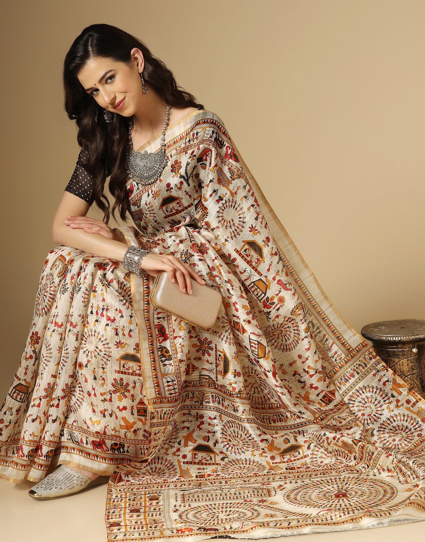 Cream Printed Silk Saree | Leemboodi