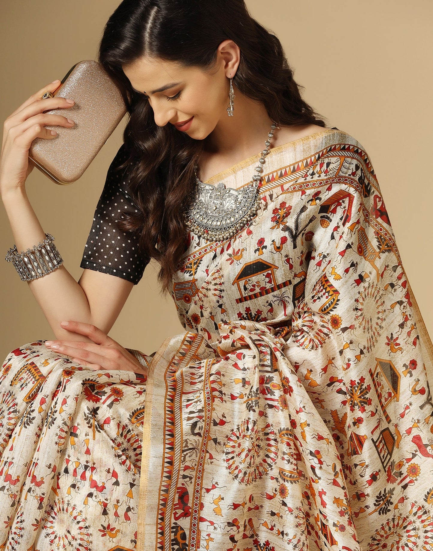 Cream Printed Silk Saree | Leemboodi