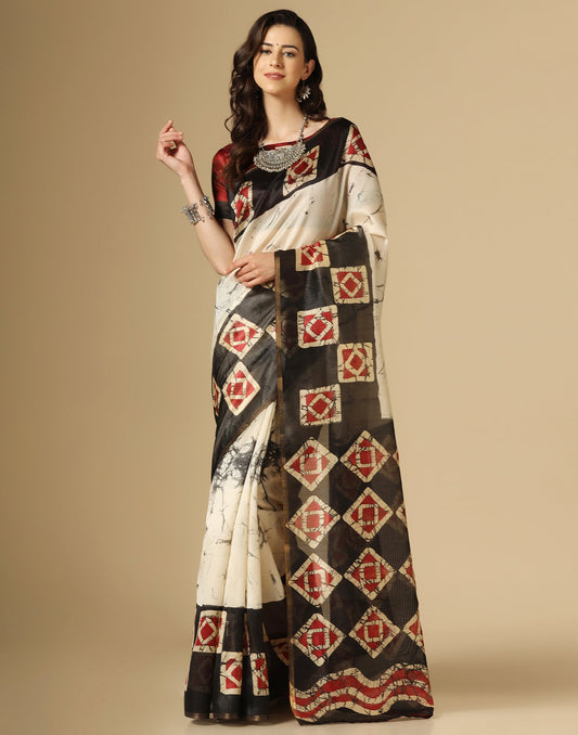 Cream Printed Silk Saree | Sudathi