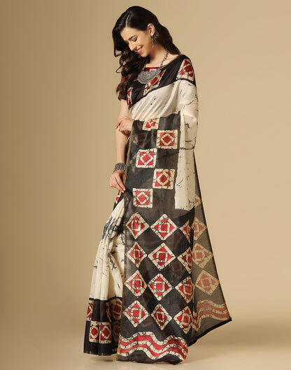 Cream Printed Silk Saree | Sudathi