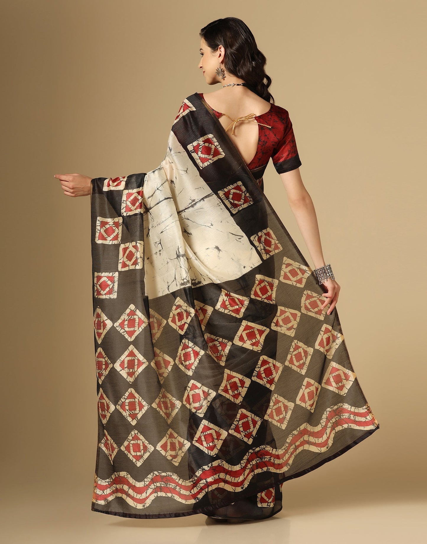 Cream Printed Silk Saree | Sudathi