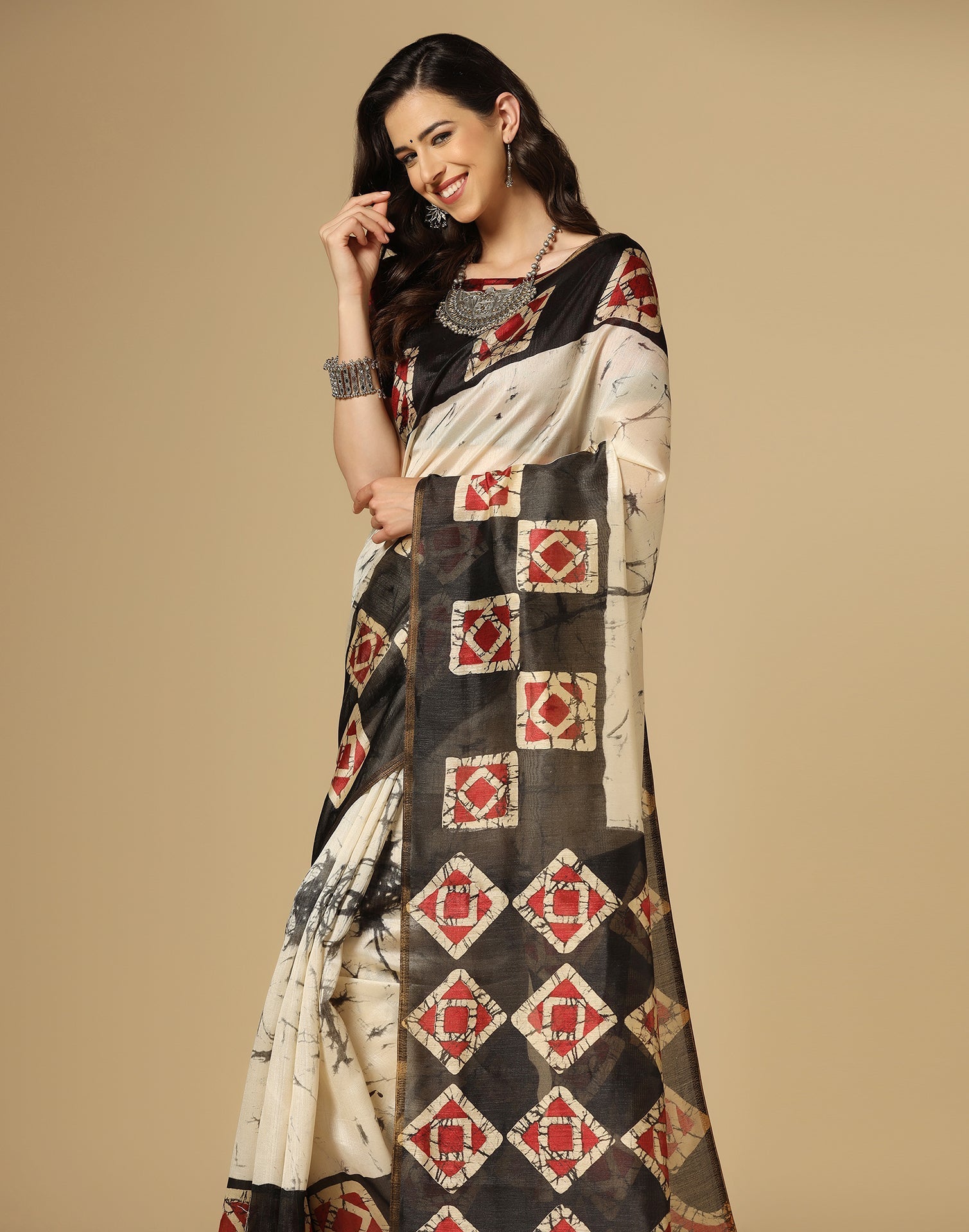 Cream Printed Silk Saree | Sudathi