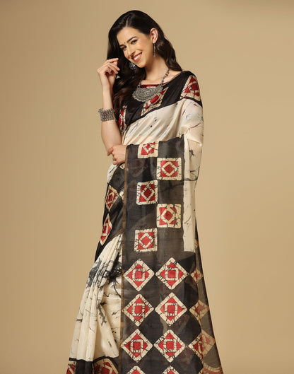 Cream Printed Silk Saree | Sudathi