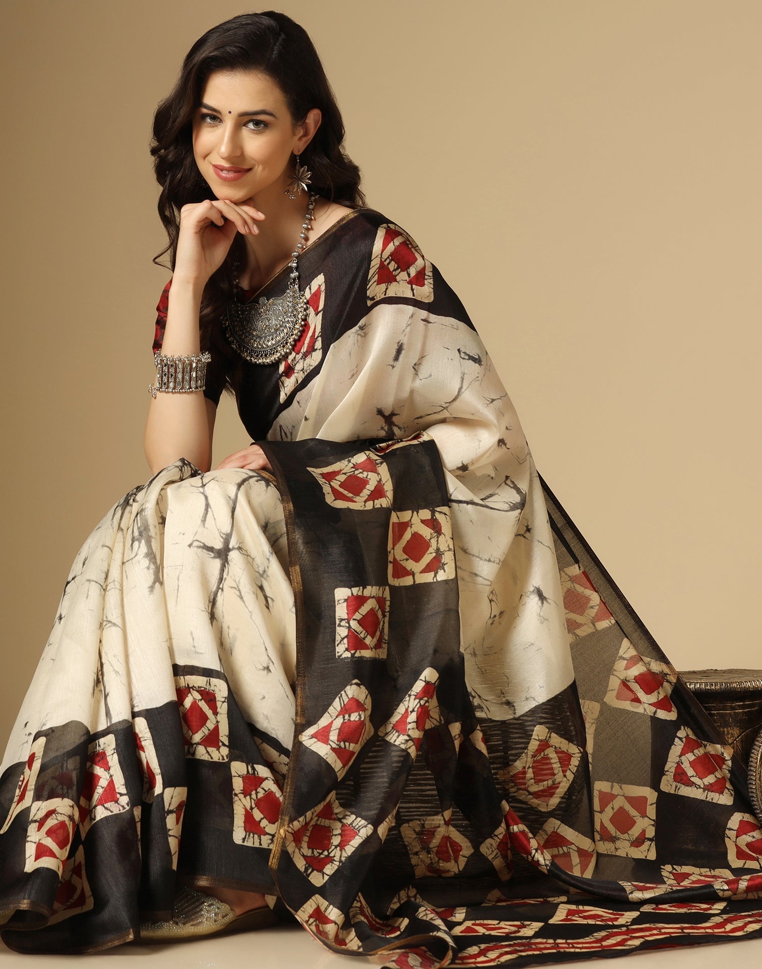 Cream Printed Silk Saree | Sudathi