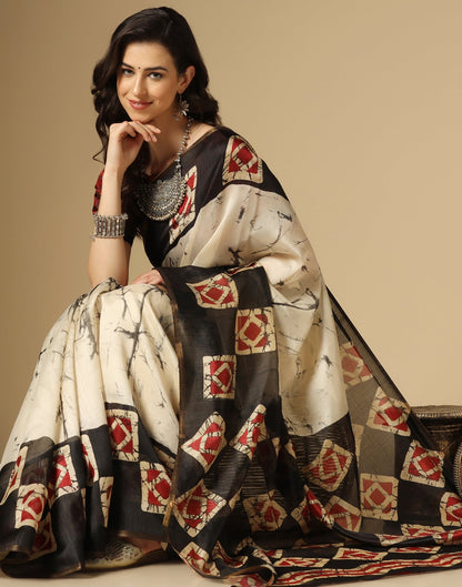 Cream Printed Silk Saree | Sudathi
