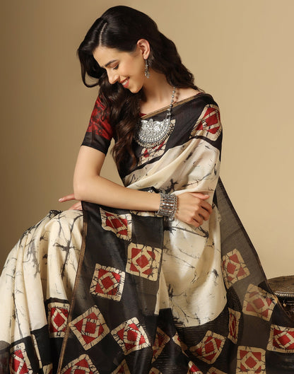 Cream Printed Silk Saree | Sudathi