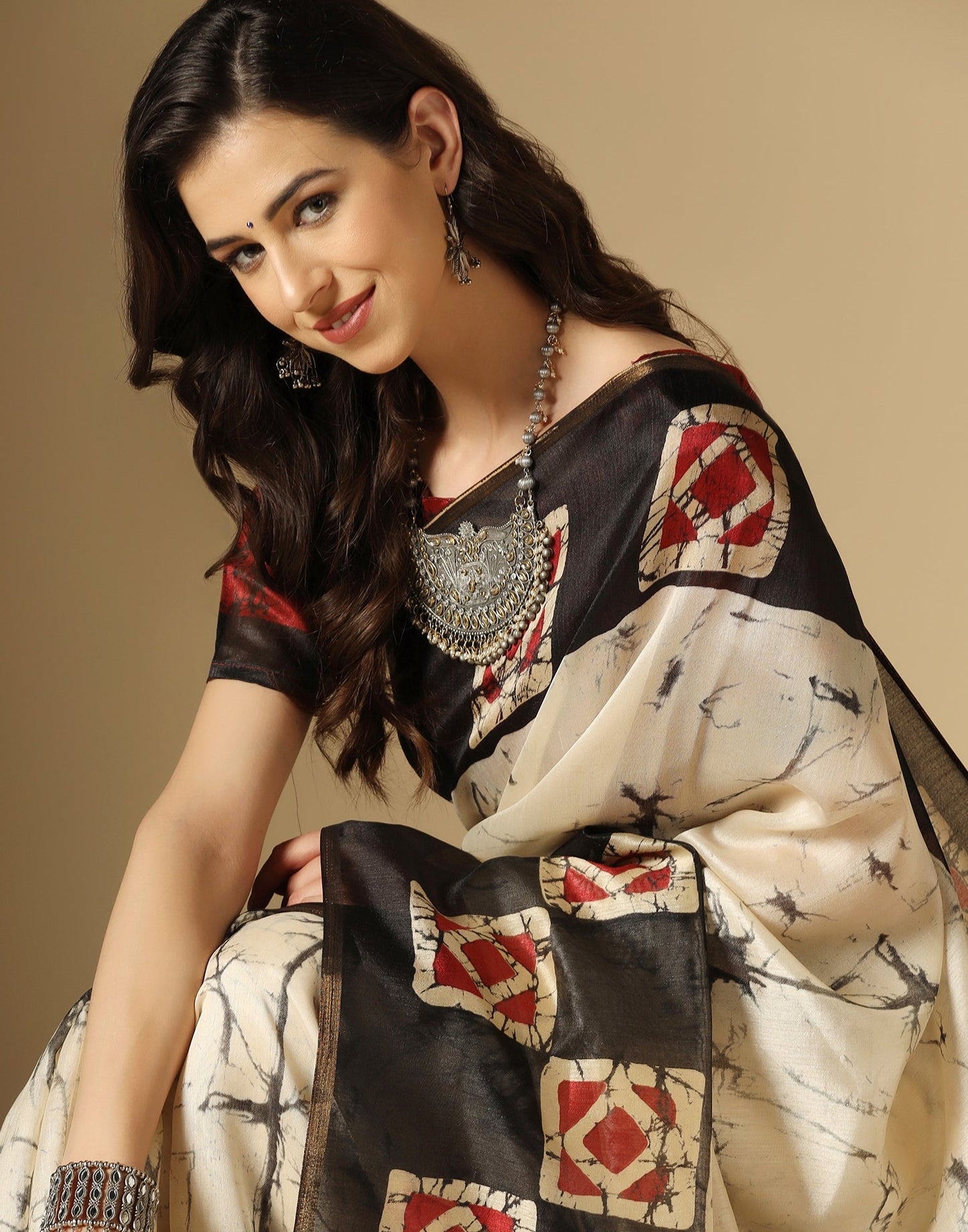 Cream Printed Silk Saree | Sudathi