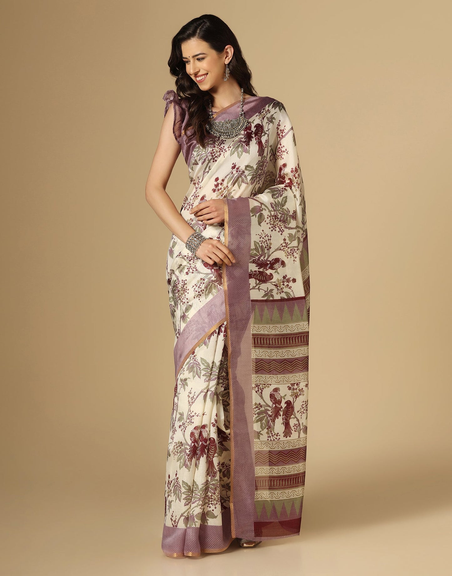 Cream Printed Silk Saree | Leemboodi