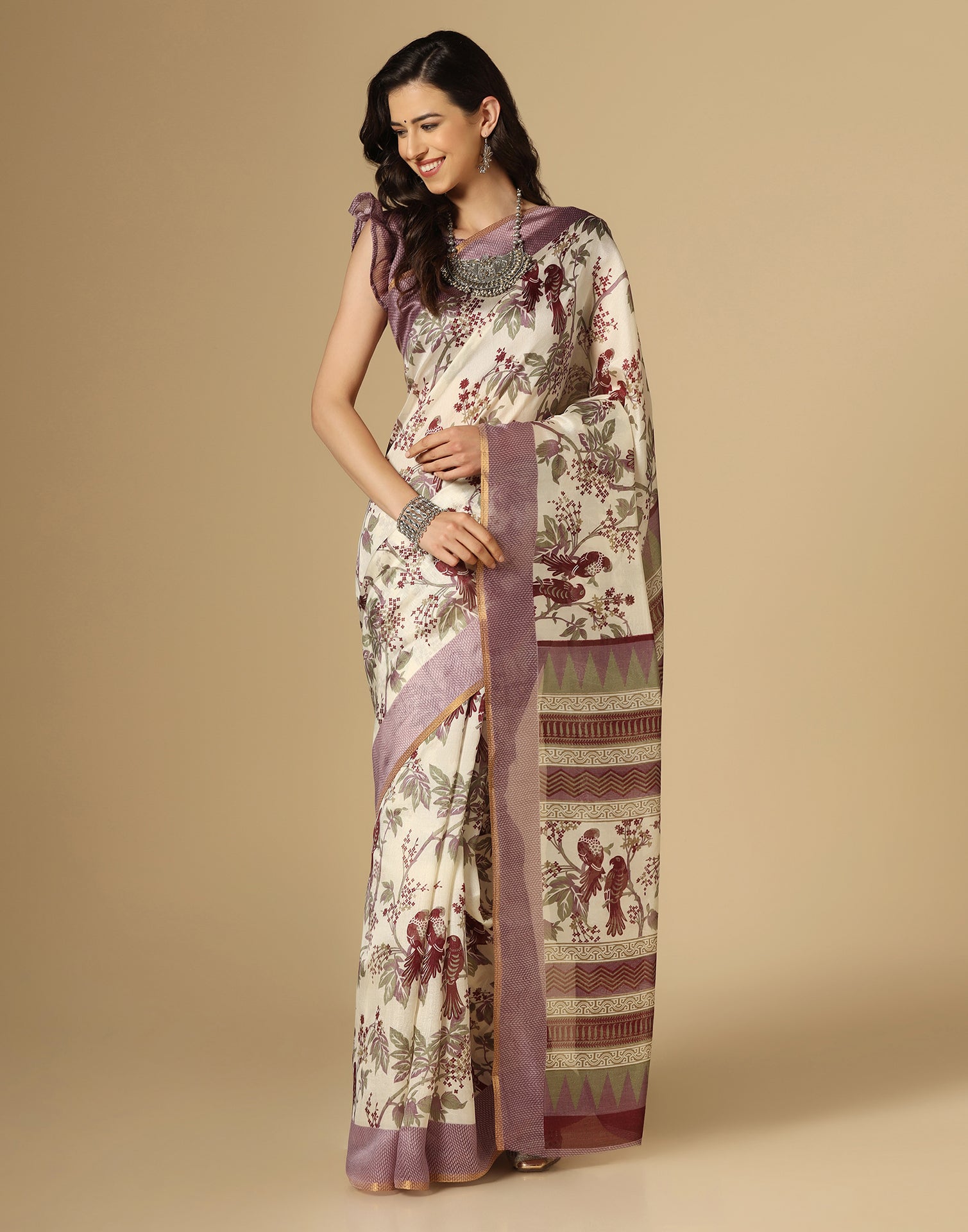 Cream Printed Silk Saree | Leemboodi