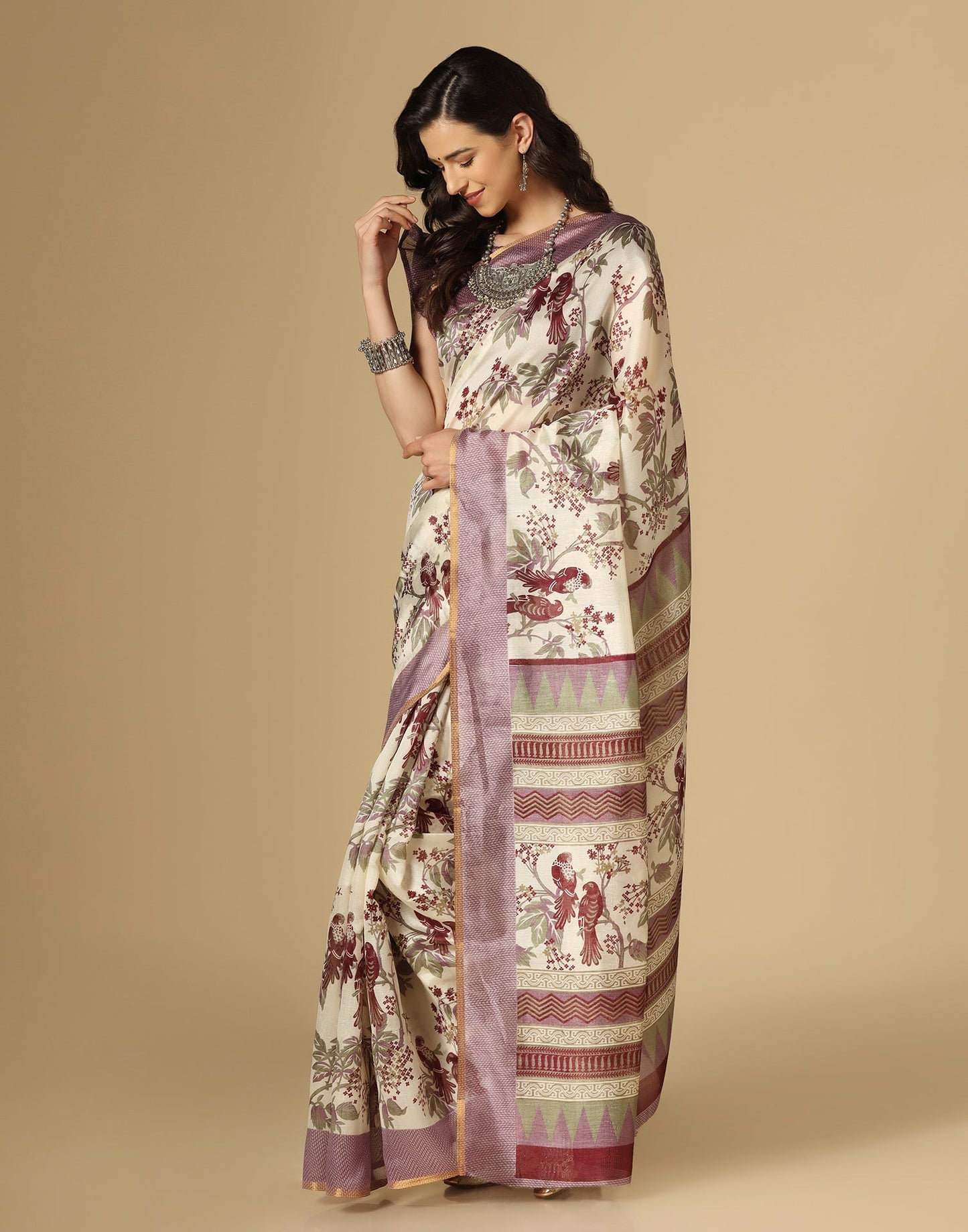 Cream Printed Silk Saree | Leemboodi