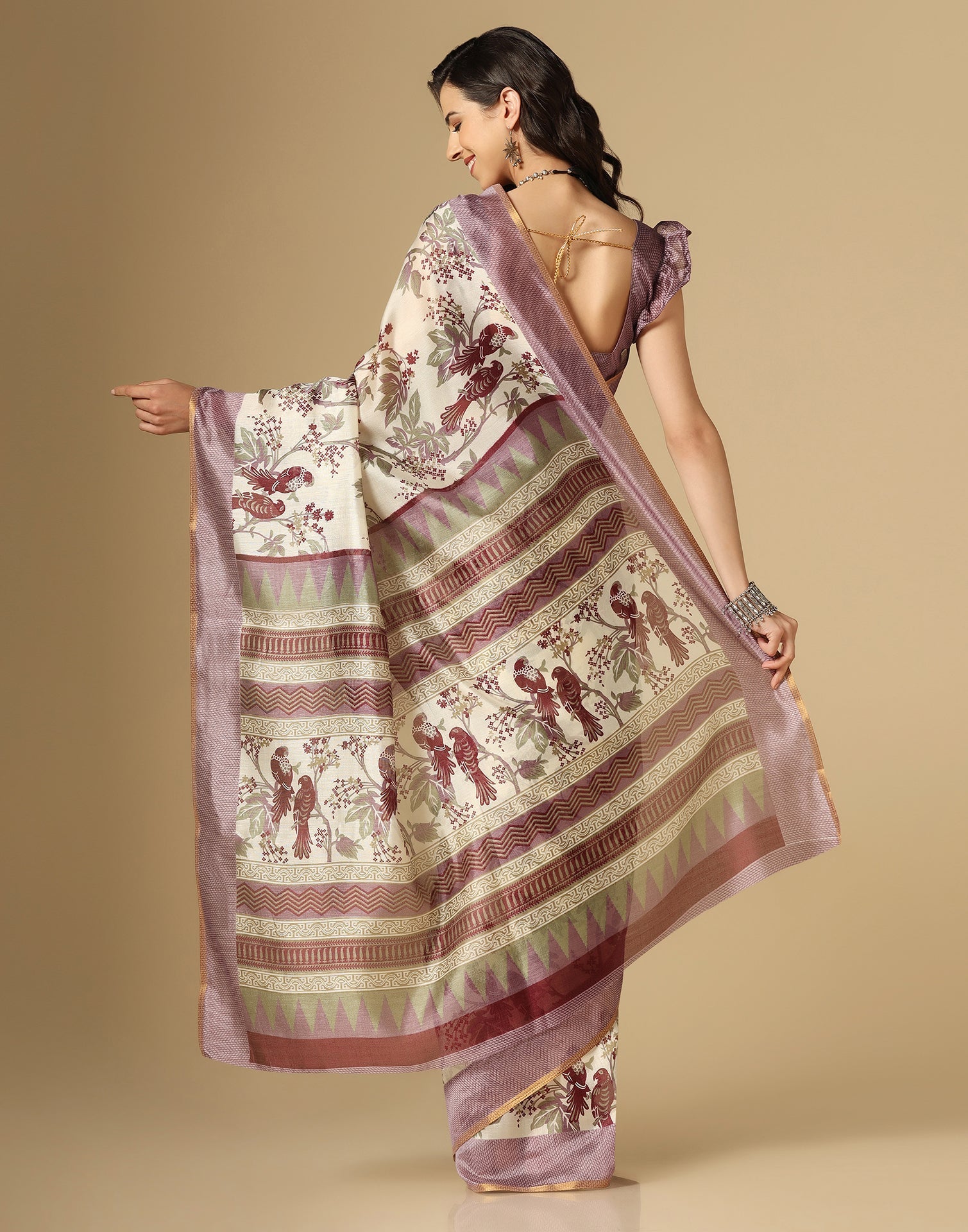 Cream Printed Silk Saree | Leemboodi