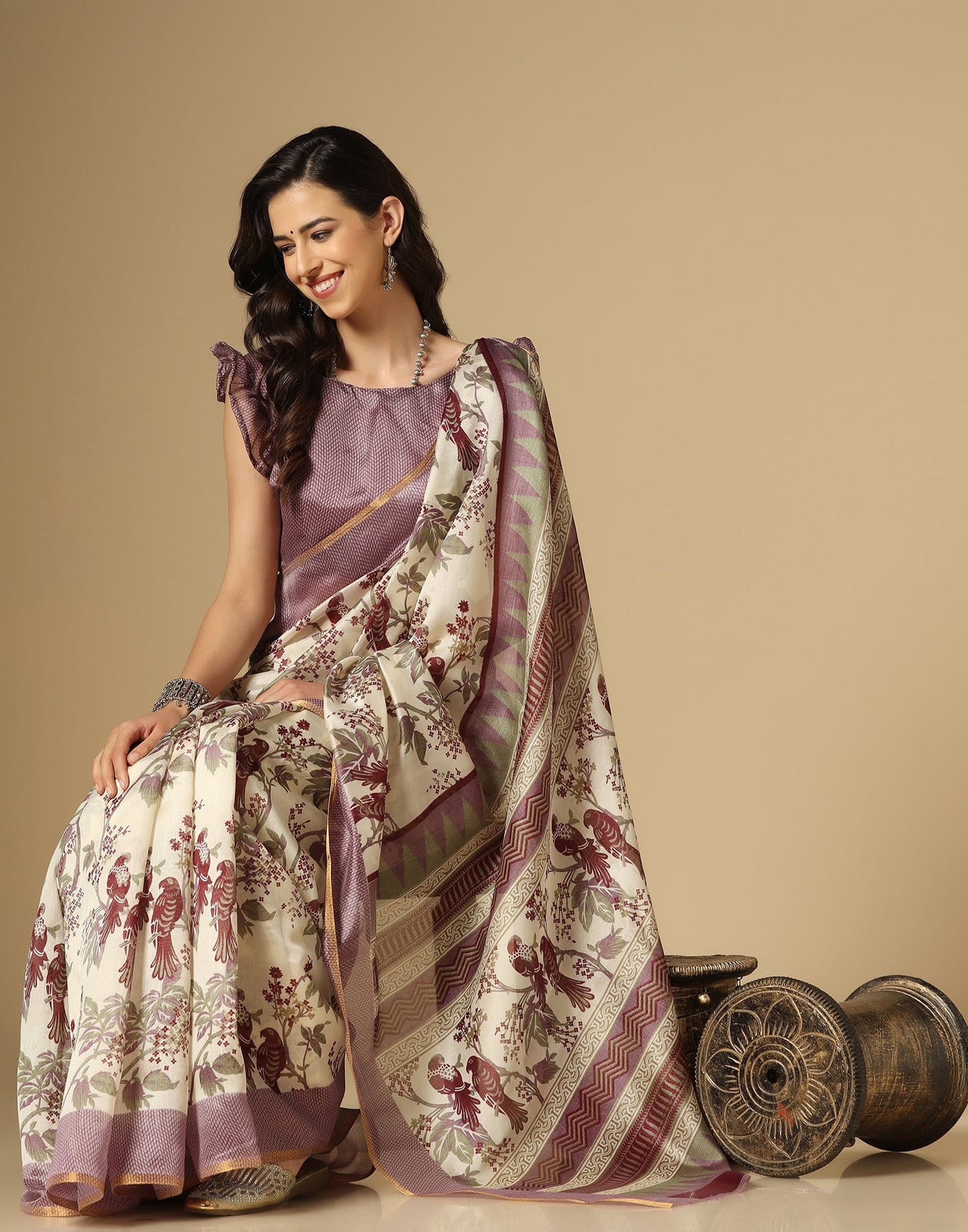 Cream Printed Silk Saree | Leemboodi