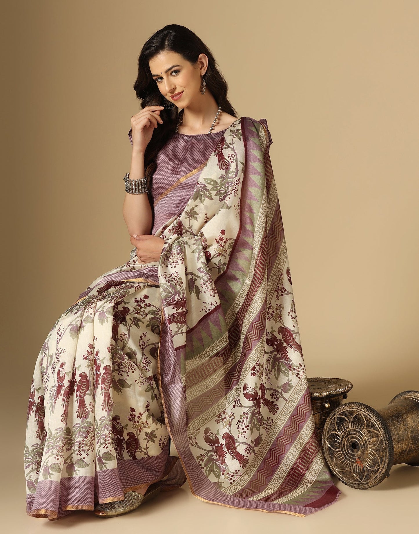Cream Printed Silk Saree | Leemboodi