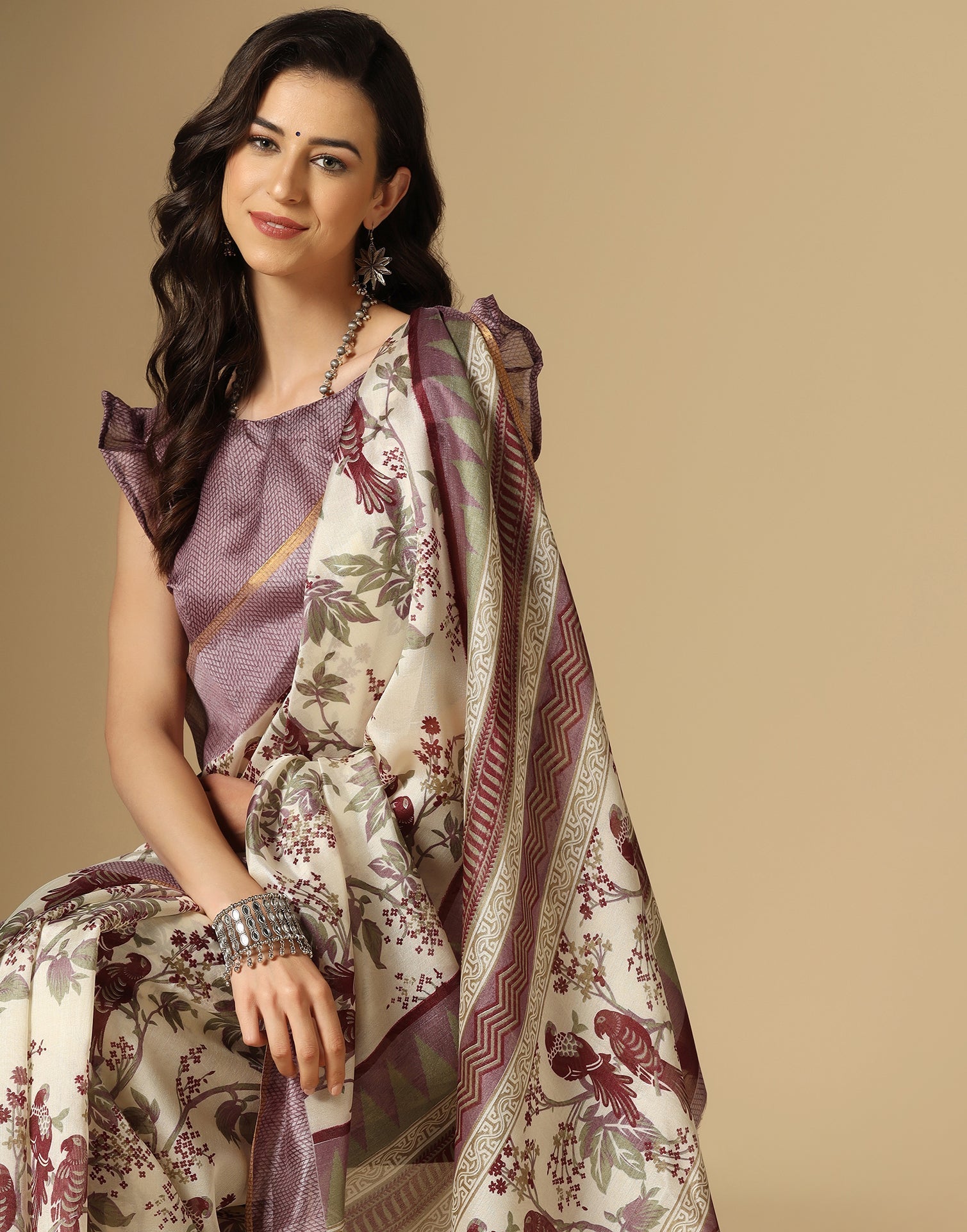 Cream Printed Silk Saree | Leemboodi