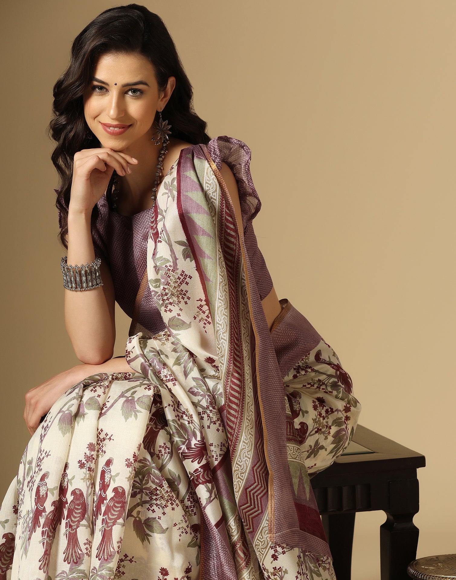 Cream Printed Silk Saree | Leemboodi
