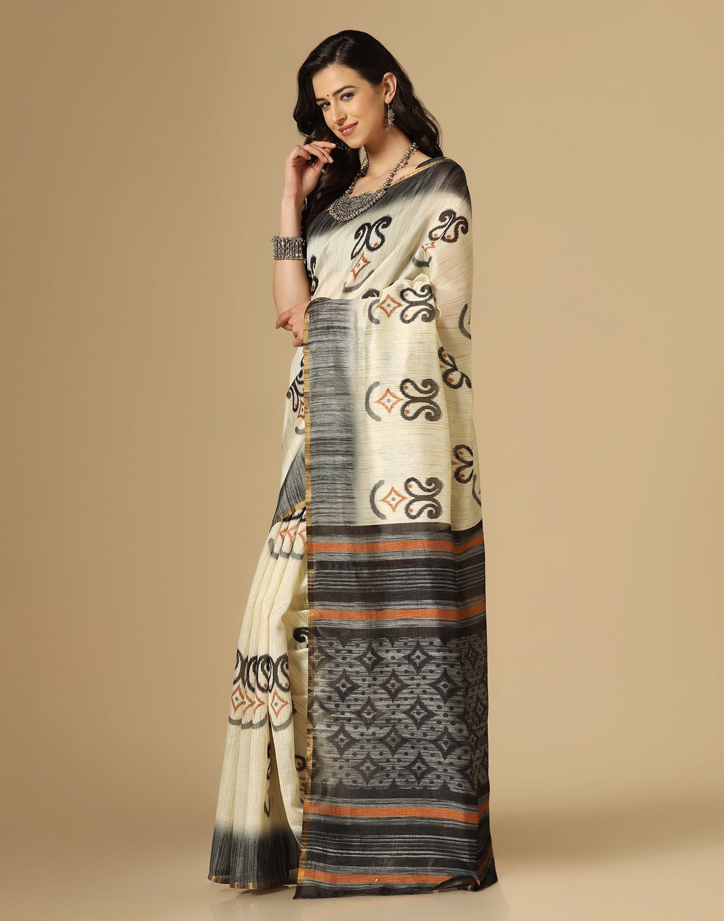 Cream Printed Silk Saree | Sudathi