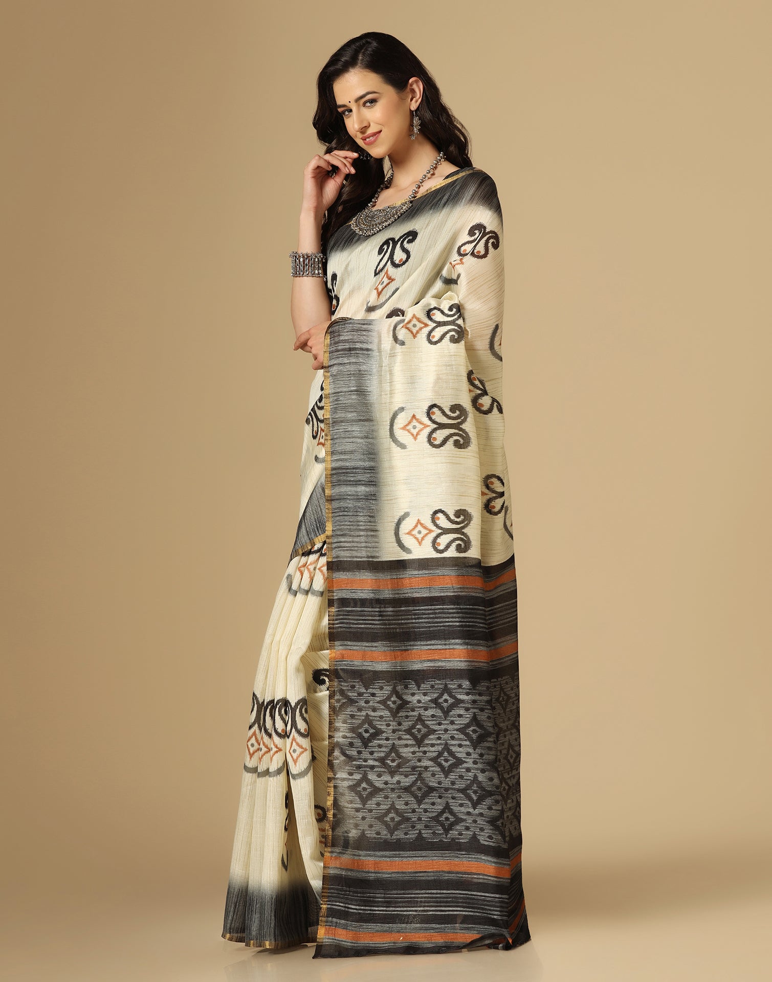 Cream Printed Silk Saree | Sudathi
