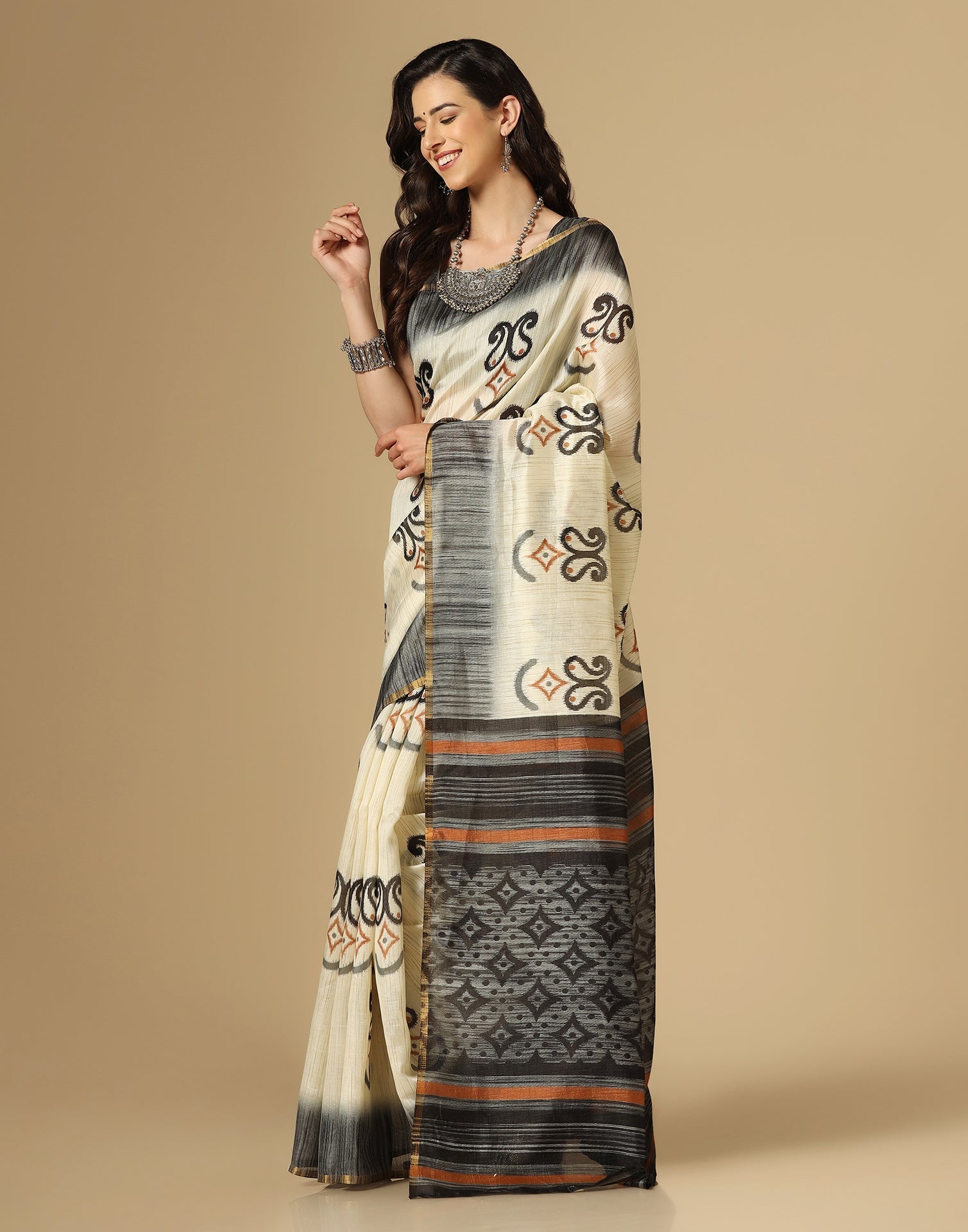 Cream Printed Silk Saree | Sudathi