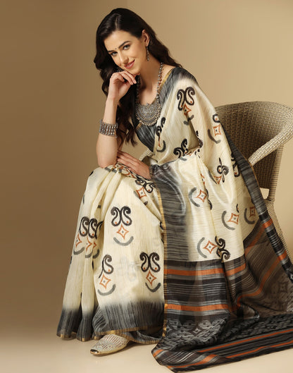 Cream Printed Silk Saree | Sudathi