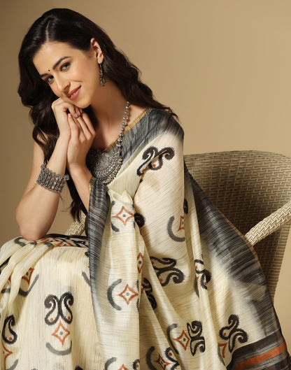 Cream Printed Silk Saree | Sudathi