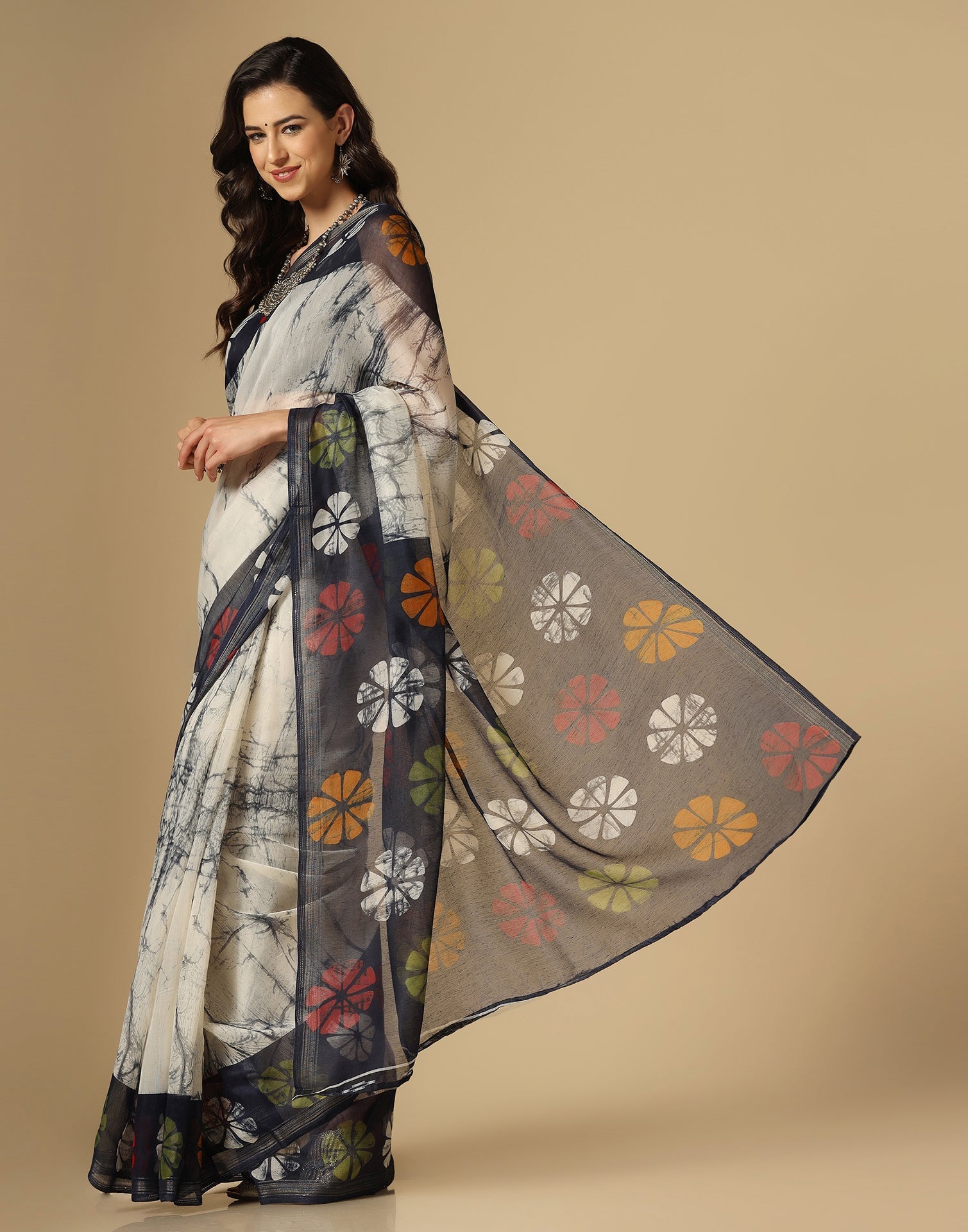 Cream Printed Cotton Saree | Sudathi
