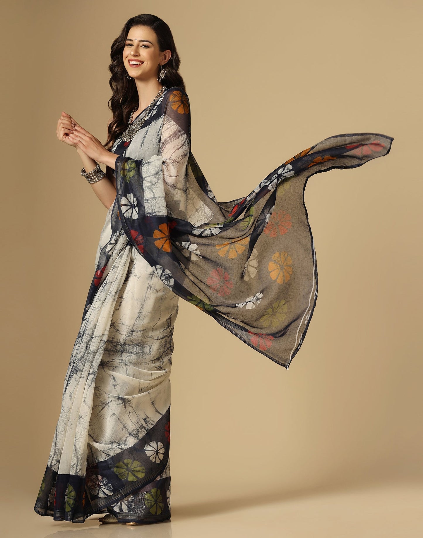 Cream Printed Cotton Saree | Sudathi