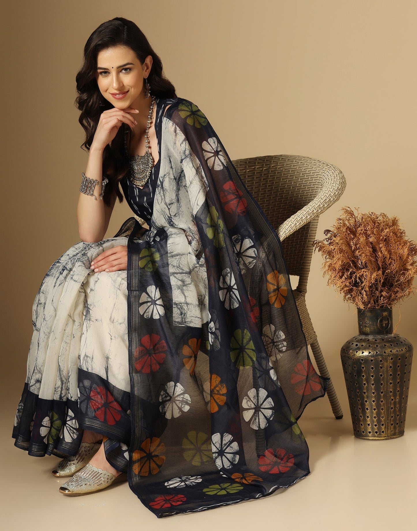 Cream Printed Cotton Saree | Sudathi