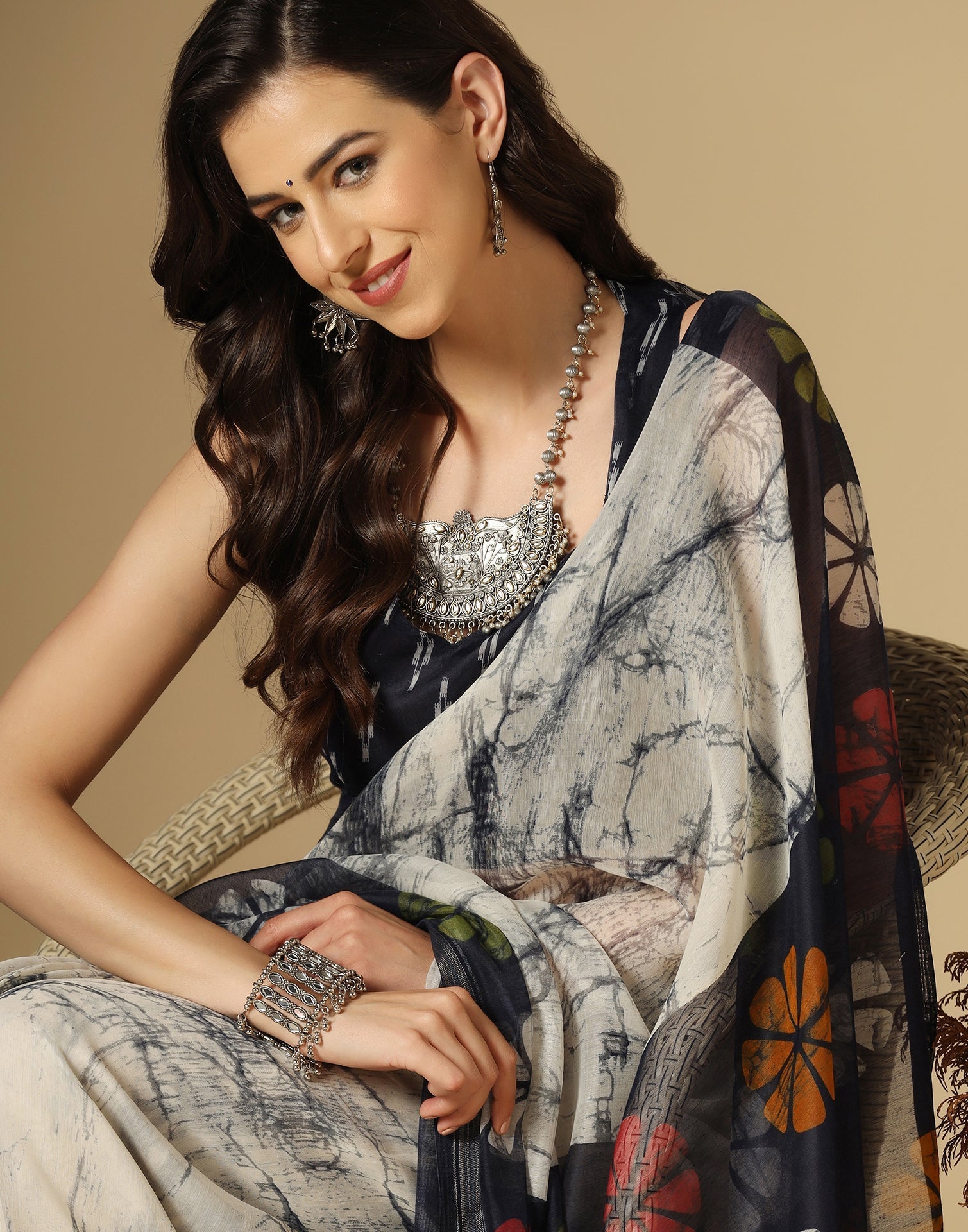 Cream Printed Cotton Saree | Sudathi