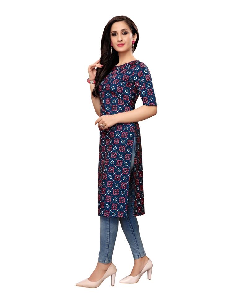 Navy Blue Printed Crepe Kurti | Sudathi