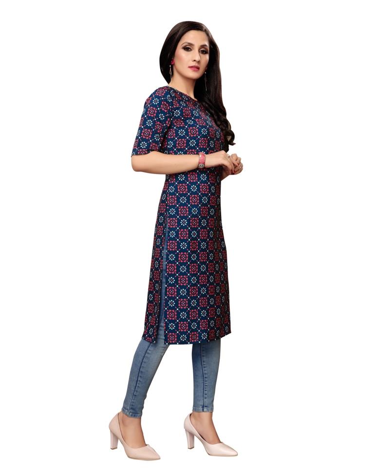 Navy Blue Printed Crepe Kurti | Sudathi
