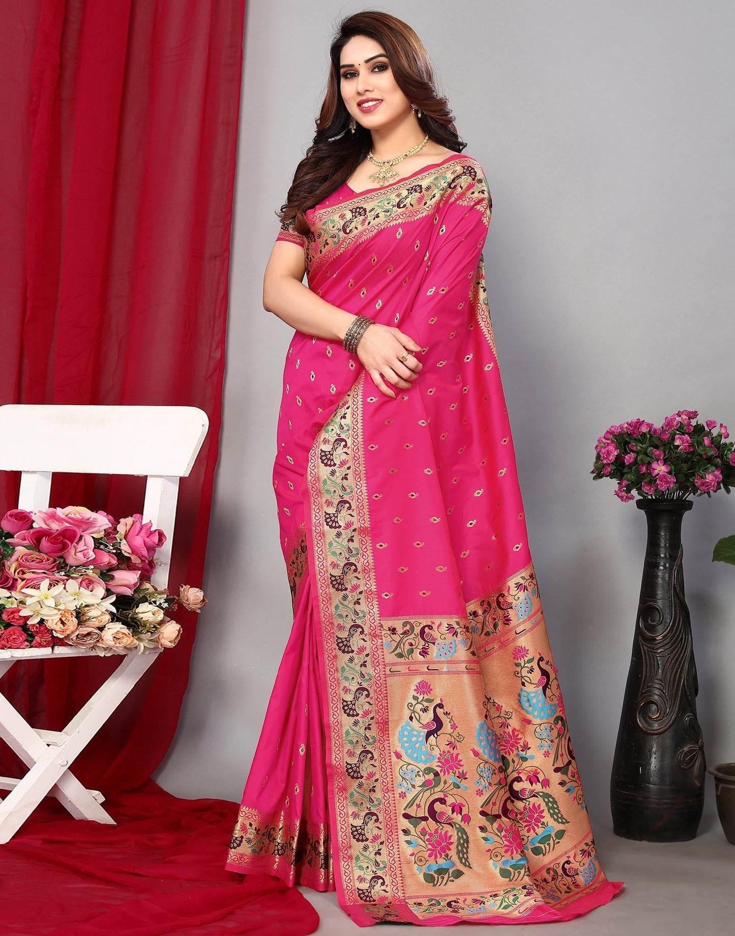 Rani Pink Paithani Silk Saree | Leemboodi