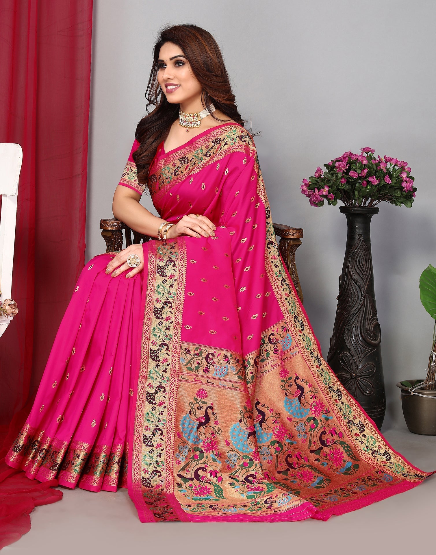 Rani Pink Paithani Silk Saree | Leemboodi